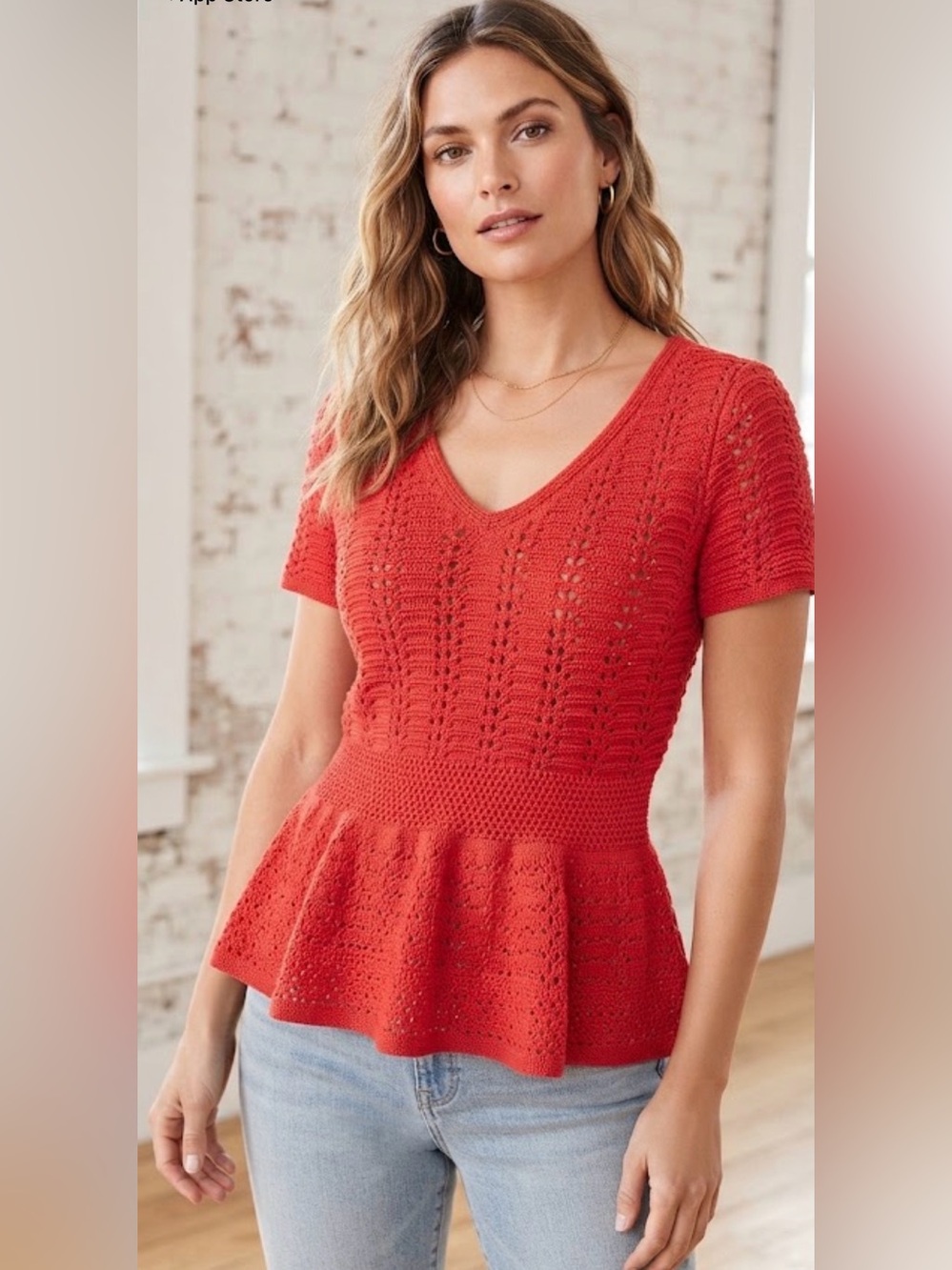 Talbots Tomato Girl  Red Crochet Knit Peplum Top Size Medium Coastal Chic